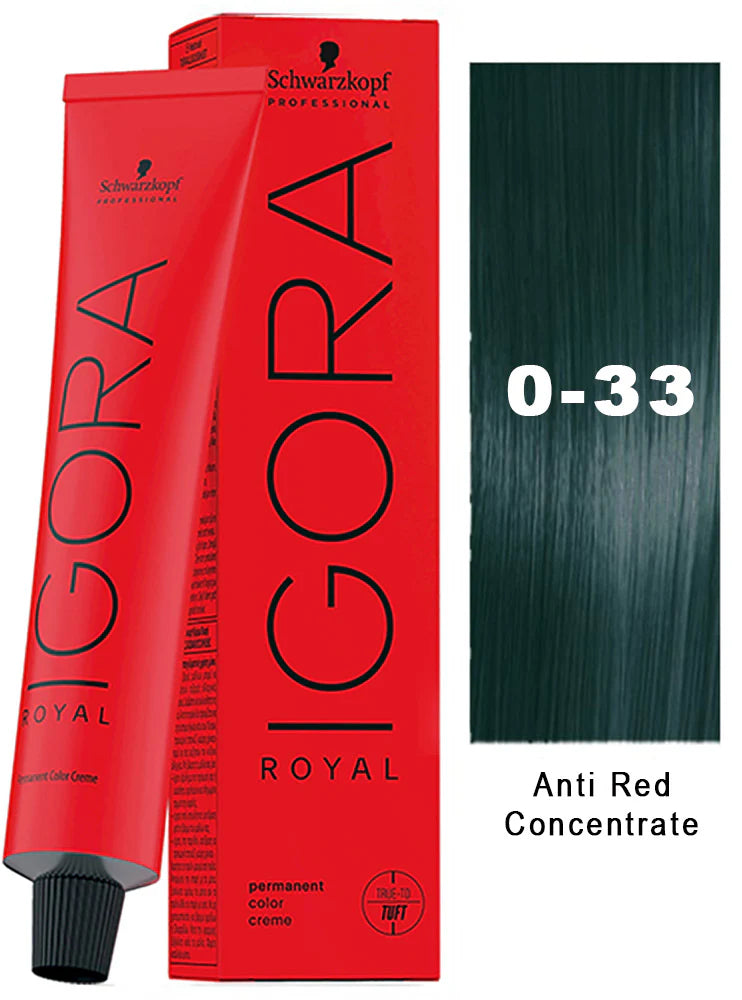 Schwarzkopf Igora Royal hair color with a color swatch labeled 0-33 Anti Red Concentrate.