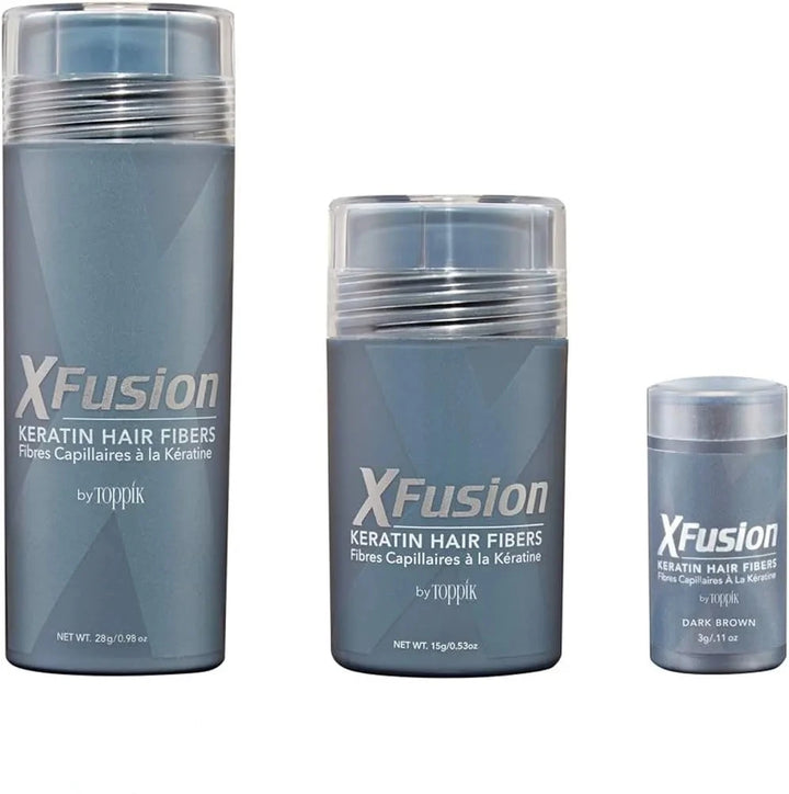 Toppik XFusion Keratin Hair Fibers visual of various sizes 28 grams 15 grams and 3 grams